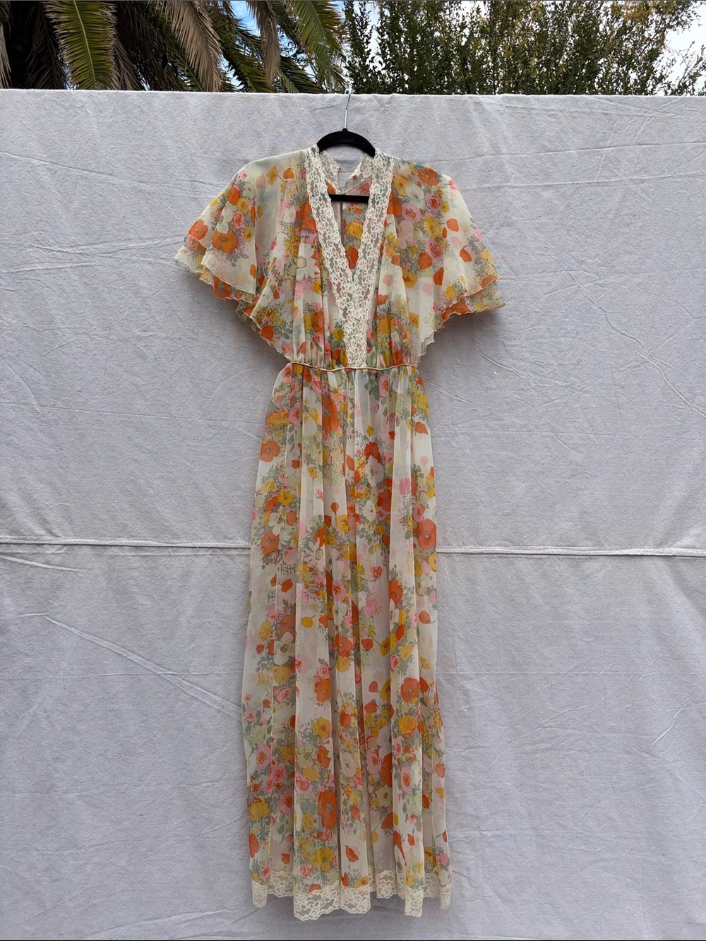Floral Lace-Trim Maxi Dress in Cream and Orange